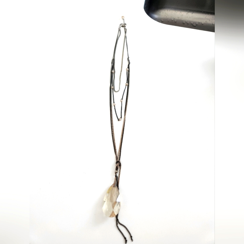 Elegant Bronze and Gold Necklace with Crystal Pendant